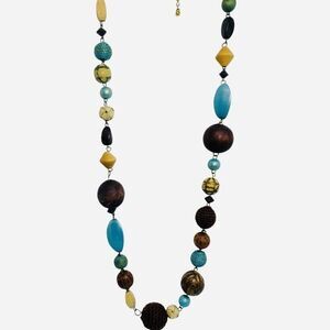 Vintage Turquoise Blue Brown Wooden Basketry Woven Textile Station Necklace 30”